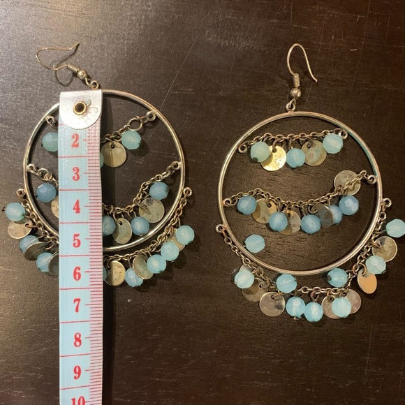Silver Hoop Earrings w/ Blue Beads Hanging Off Them - Picture 3 of 4